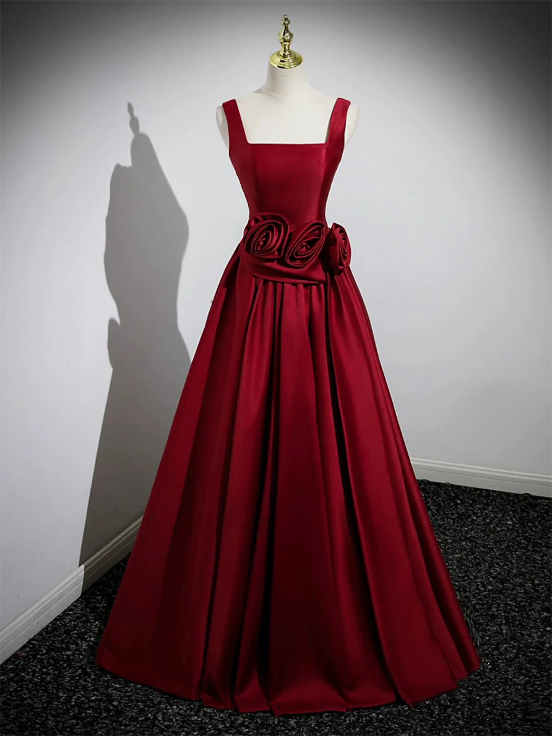 Satin Burgundy Long Prom Dress with Flowers, Elegant A-Line Party Dress