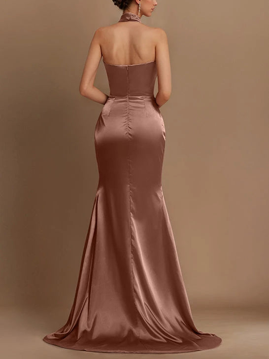 Satin Column Halter Floor-length Split Side Sleeveless Prom Dresses  Evening Dresses Party Dress