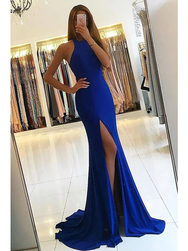 Satin Mermaid High Neck Floor-Length  Sleeveless Split Side Prom Dresses