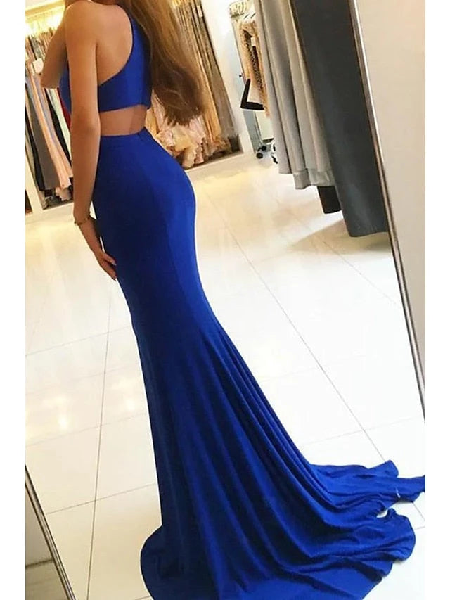 Satin Mermaid High Neck Floor-Length  Sleeveless Split Side Prom Dresses