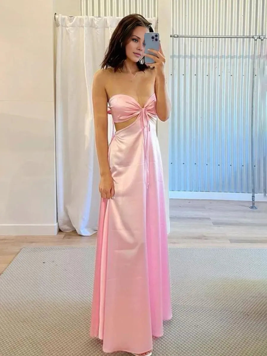 Satin PInk Strapless Back Tie A-line Floor Length Sleeveless  Lace Up Party Dresses Homecoming Dress Prom Dress