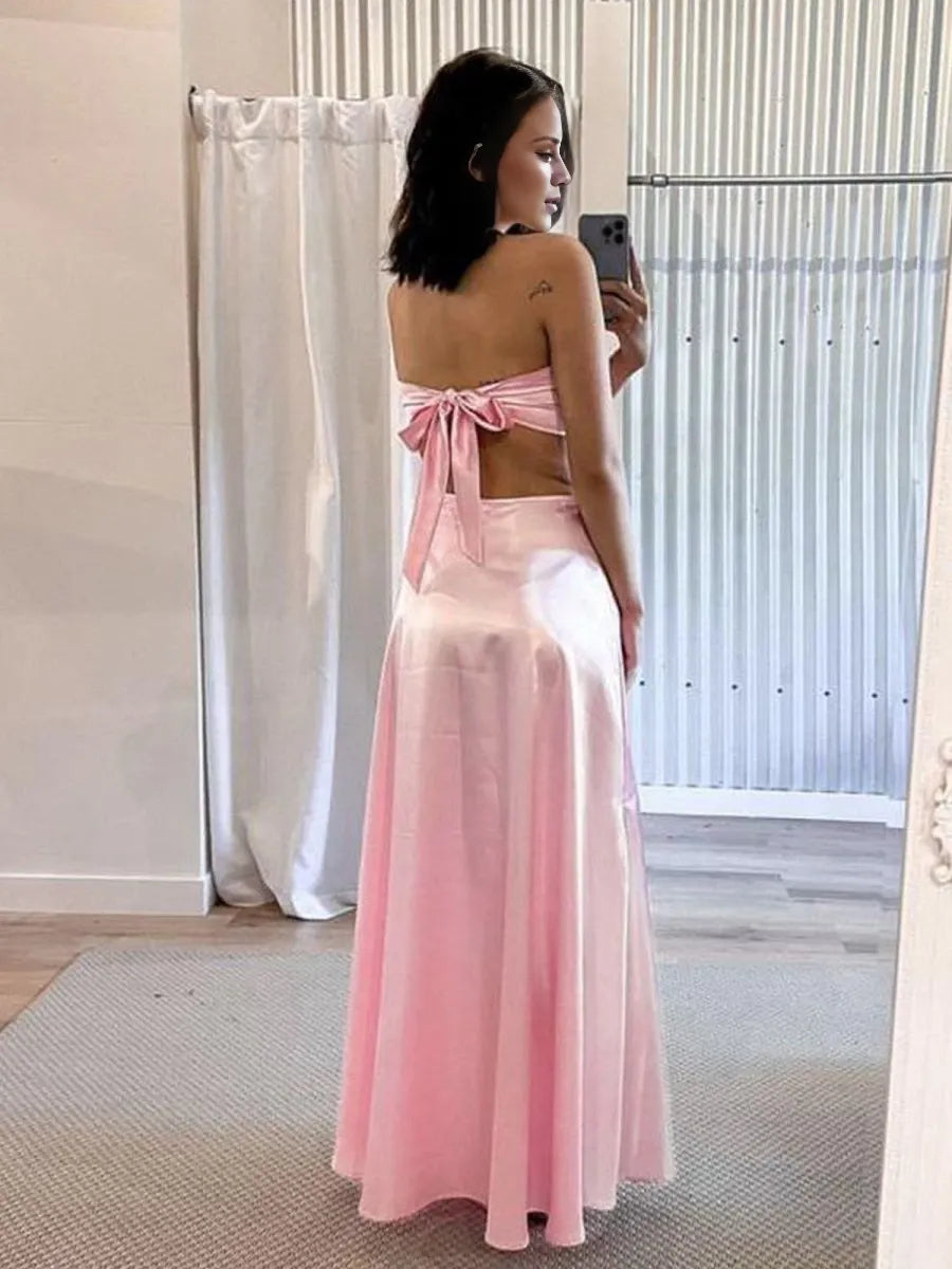 Satin PInk Strapless Back Tie A-line Floor Length Sleeveless  Lace Up Party Dresses Homecoming Dress Prom Dress