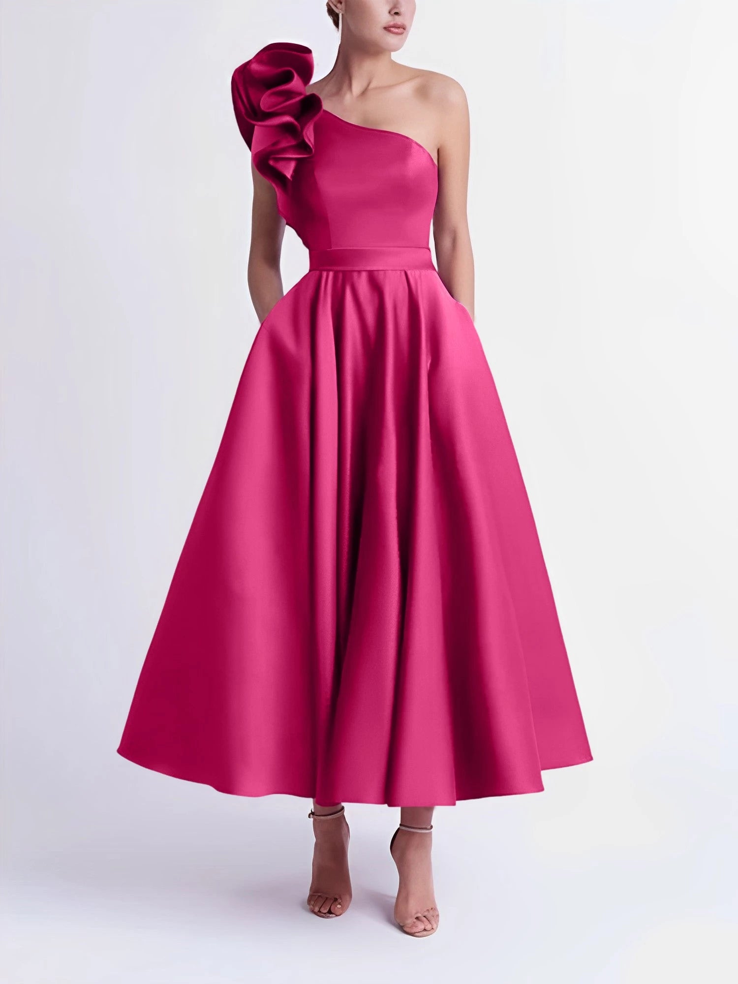 Satin Princess Fuchsia One-Shoulder Sleeveless Tea-Length Prom Dresses