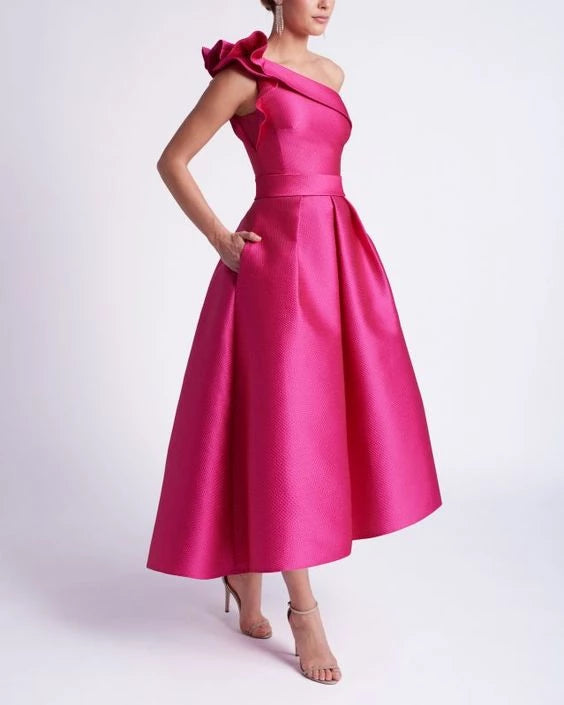 Satin Princess Fuchsia One-Shoulder Sleeveless Tea-Length Prom Dresses