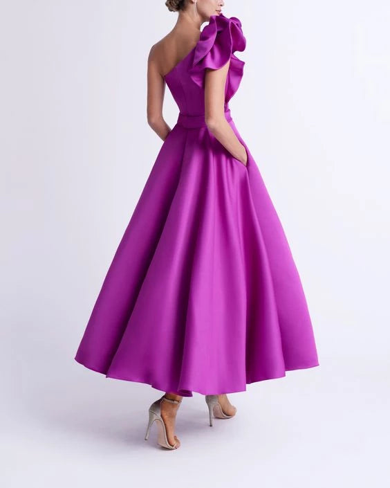 Satin Princess One-Shoulder Sleeveless Tea-Length Prom Dresses