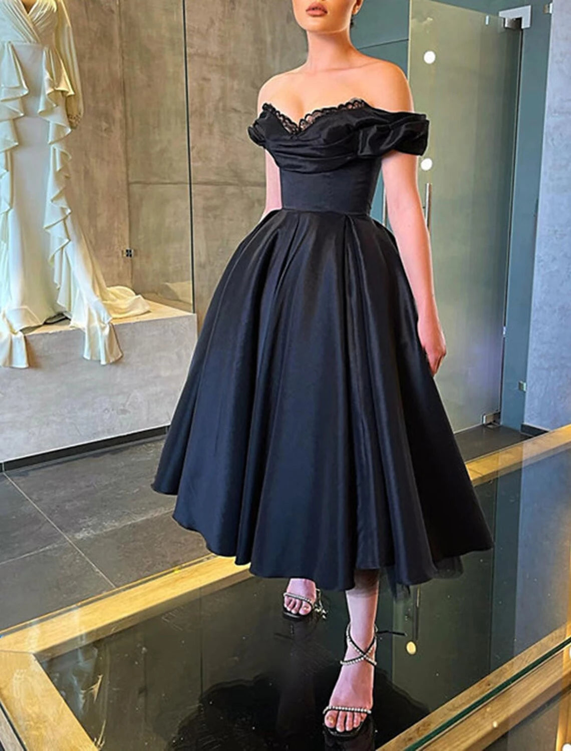 Satin Princess Sleeveless Off-the-Shoulder Tea-Length Prom Dresses Evening Dresses Party Dress
