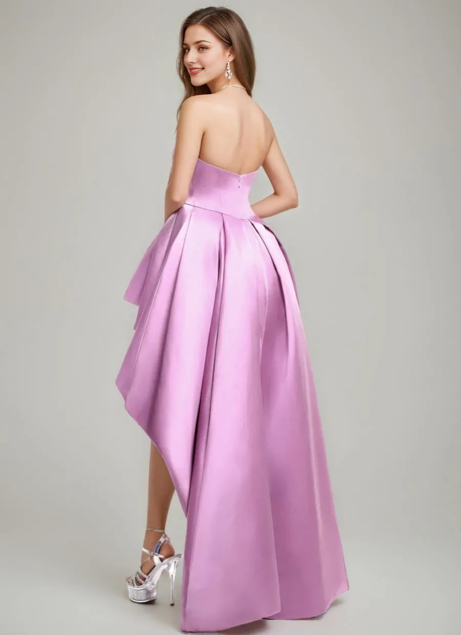 Satin Princess Strapless Pleats Backless Asymmetrical Pleated Evening Dresses Party Dress Prom Dresses