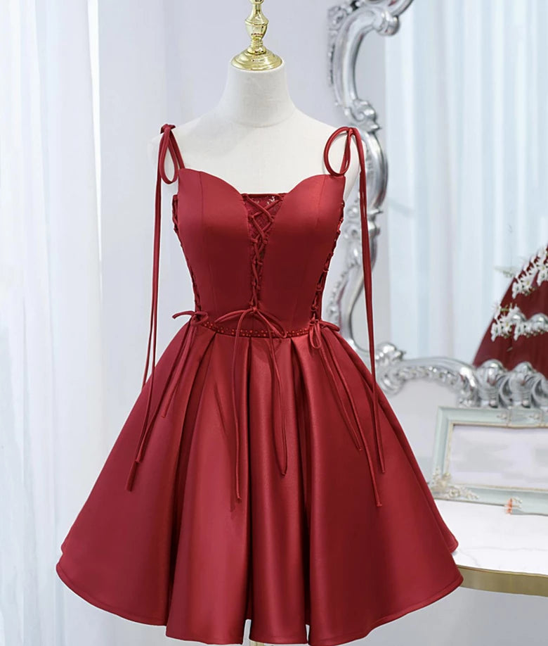 Satin Red Lace-up Sleeveless Off-the-shoulder Short Prom Dress Party Dress Cocktail Dress Homecoming Dress Evening Dress