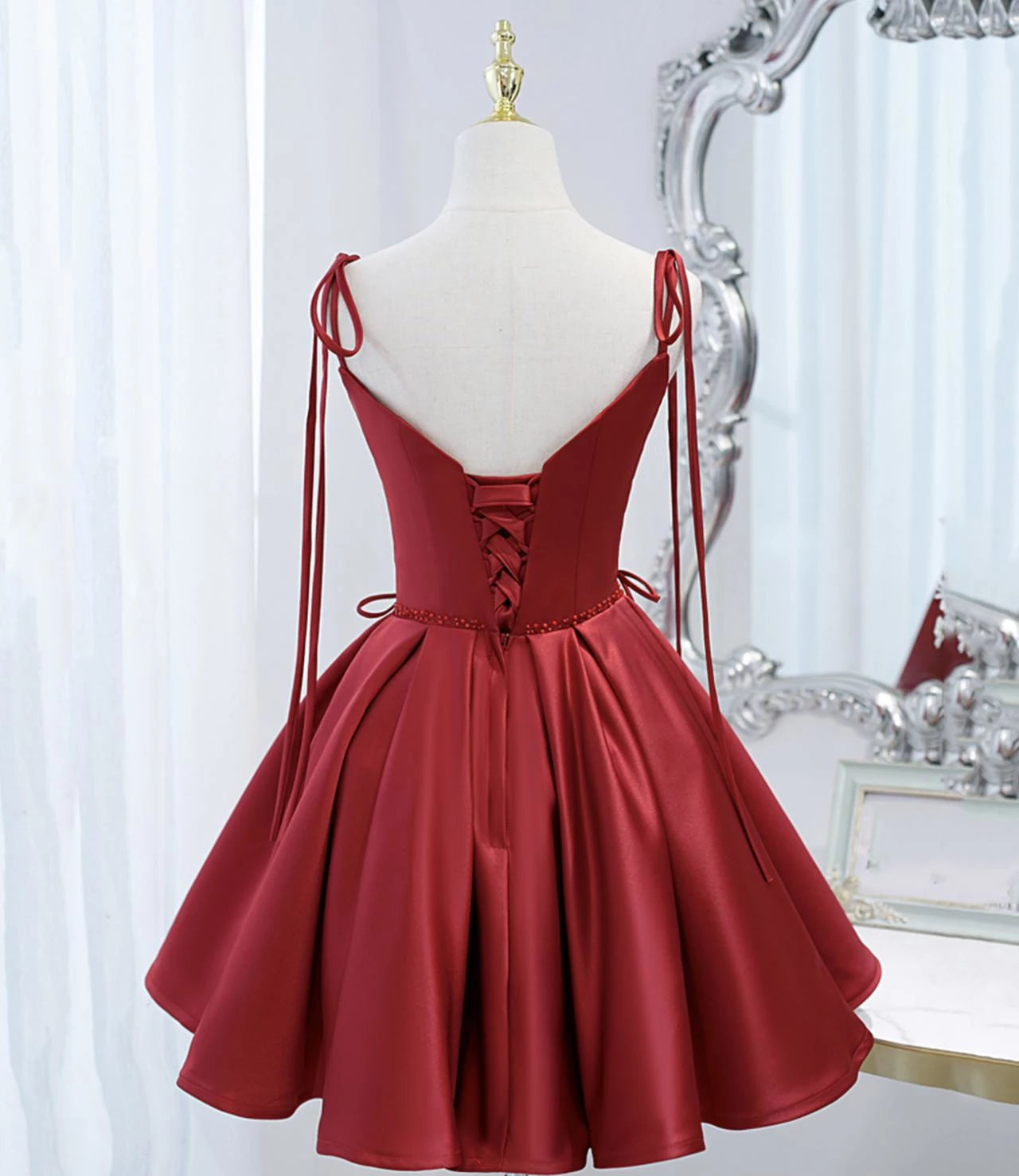 Satin Red Lace-up Sleeveless Off-the-shoulder Short Prom Dress Party Dress Cocktail Dress Homecoming Dress Evening Dress