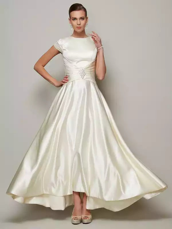 Satin Scoop Short Sleeves Floor-Length A-Line With Beading Mother of the Bride Dresses
