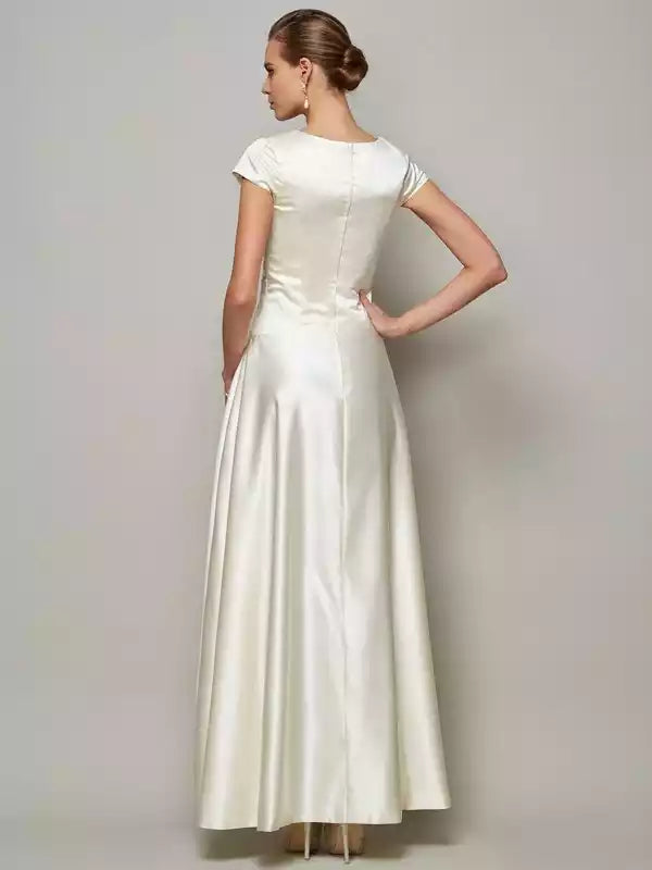 Satin Scoop Short Sleeves Floor-Length A-Line With Beading Mother of the Bride Dresses