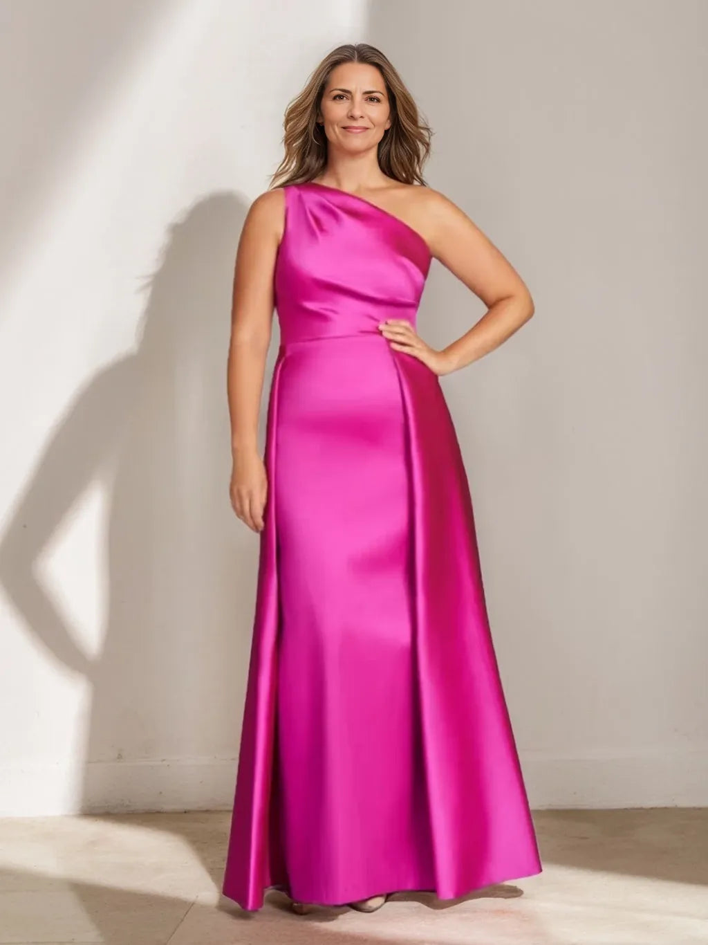 Satin Sheath One-Shoulder Sleeveless Floor-Length Plus Size with Ruffles Mother of the Bride Dresses