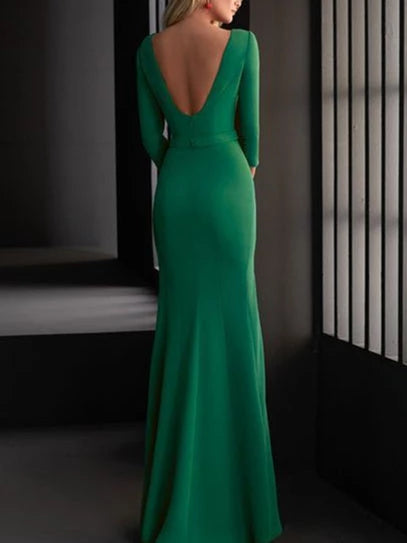 Satin Sheath V-Neck Long Sleeves Floor-length Prom Dresses Evening Dresses Party Dress