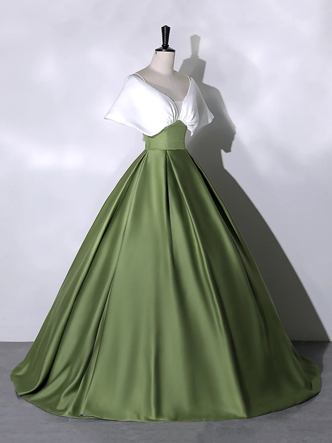 Satin V-Neck White+Green Floor Length Prom Dress Off the Shoulder Evening Dress