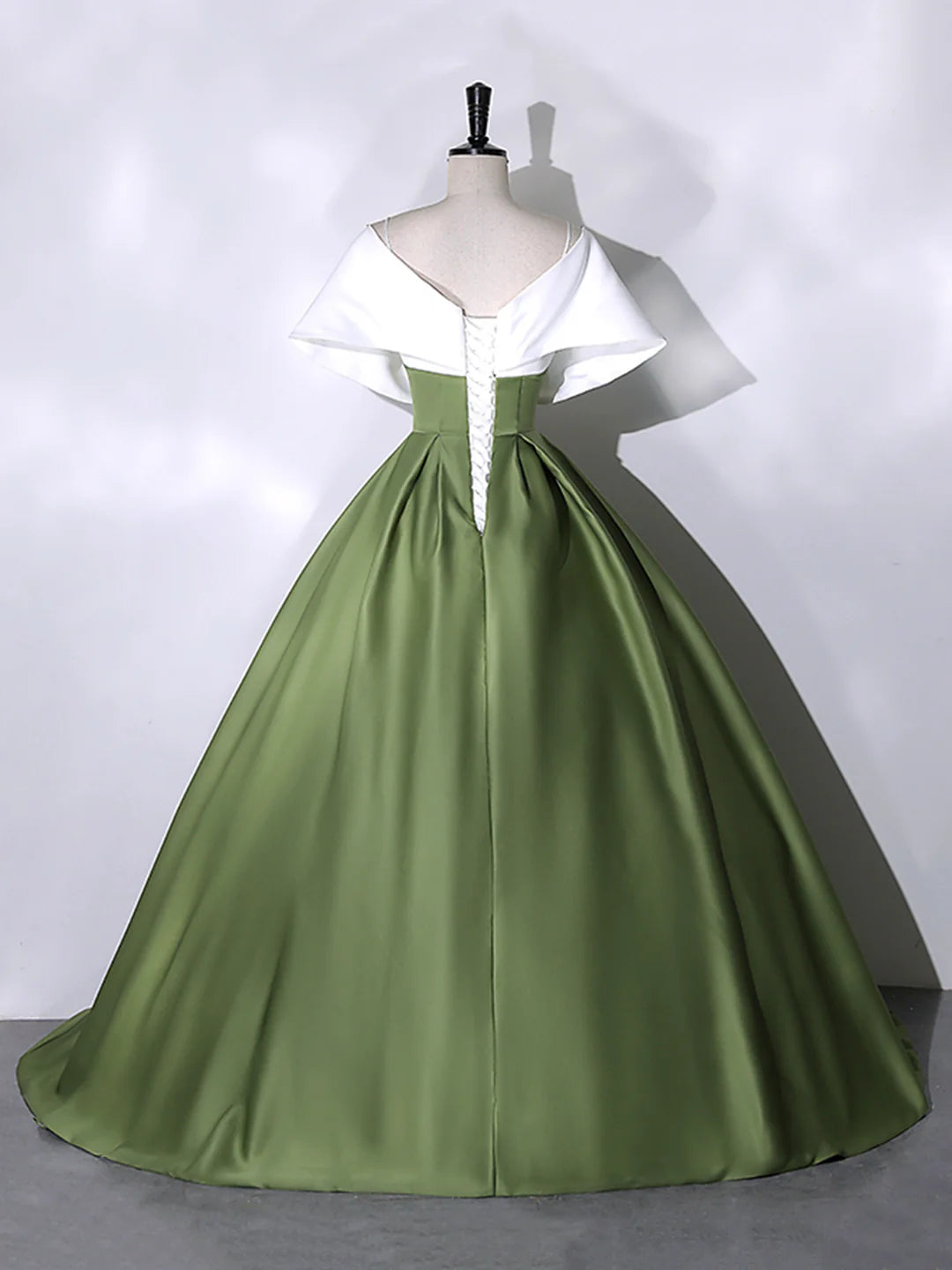 Satin V-Neck White+Green Floor Length Prom Dress Off the Shoulder Evening Dress