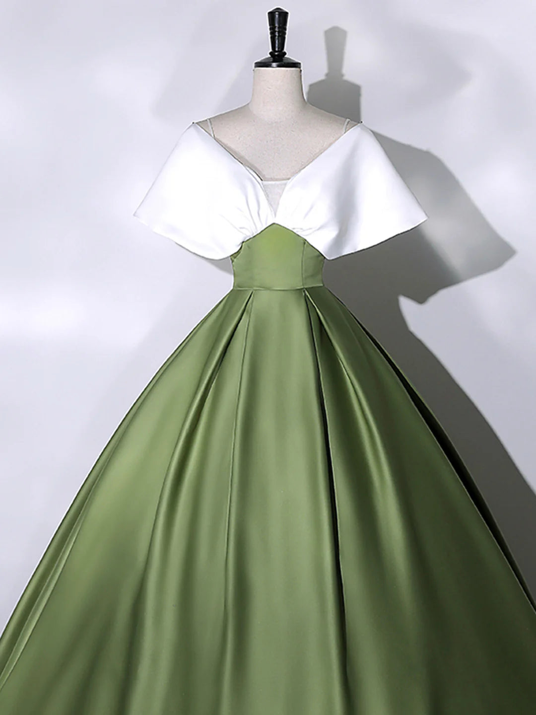 Satin V-Neck White+Green Floor Length Prom Dress Off the Shoulder Evening Dress
