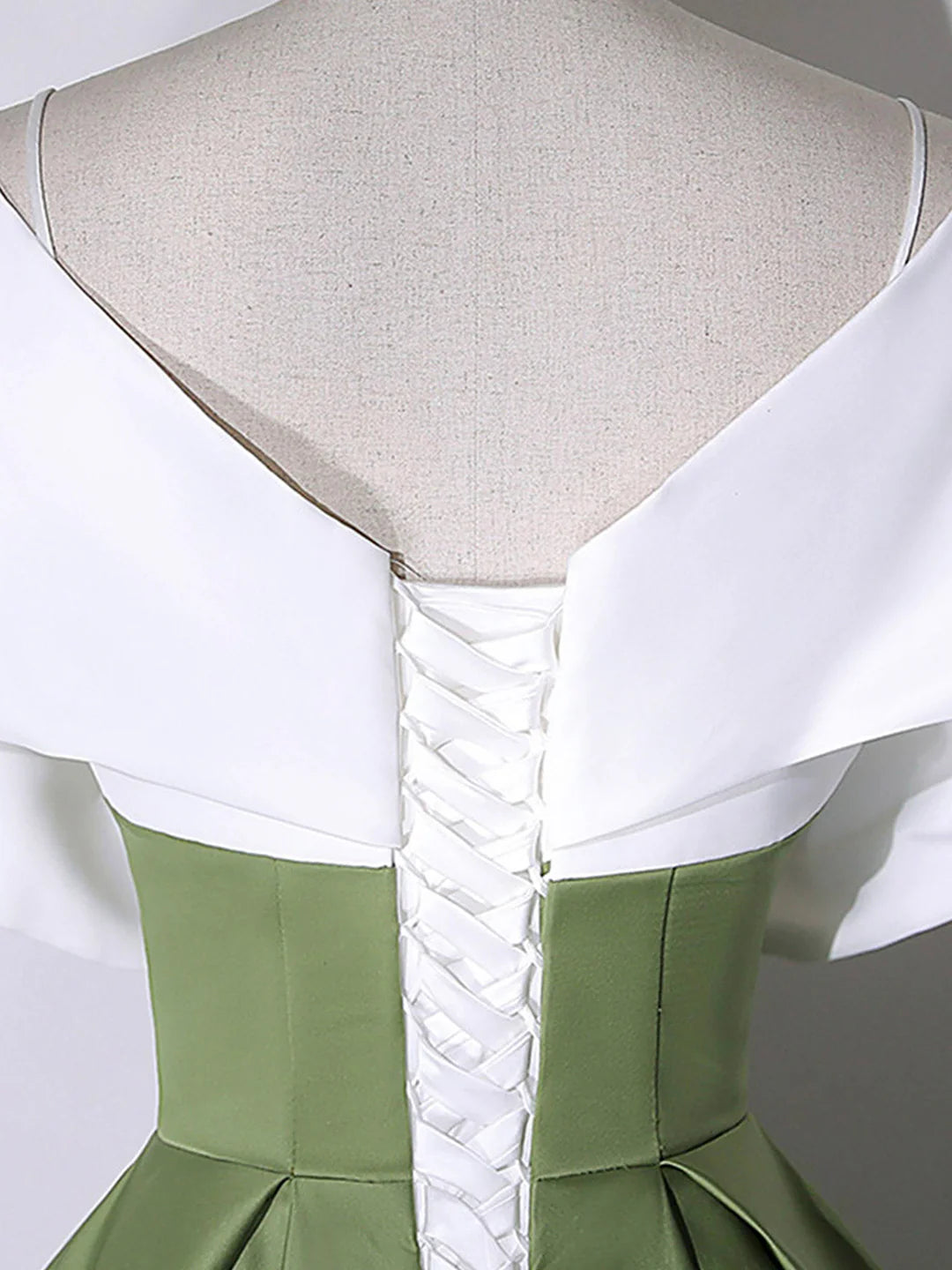 Satin V-Neck White+Green Floor Length Prom Dress Off the Shoulder Evening Dress