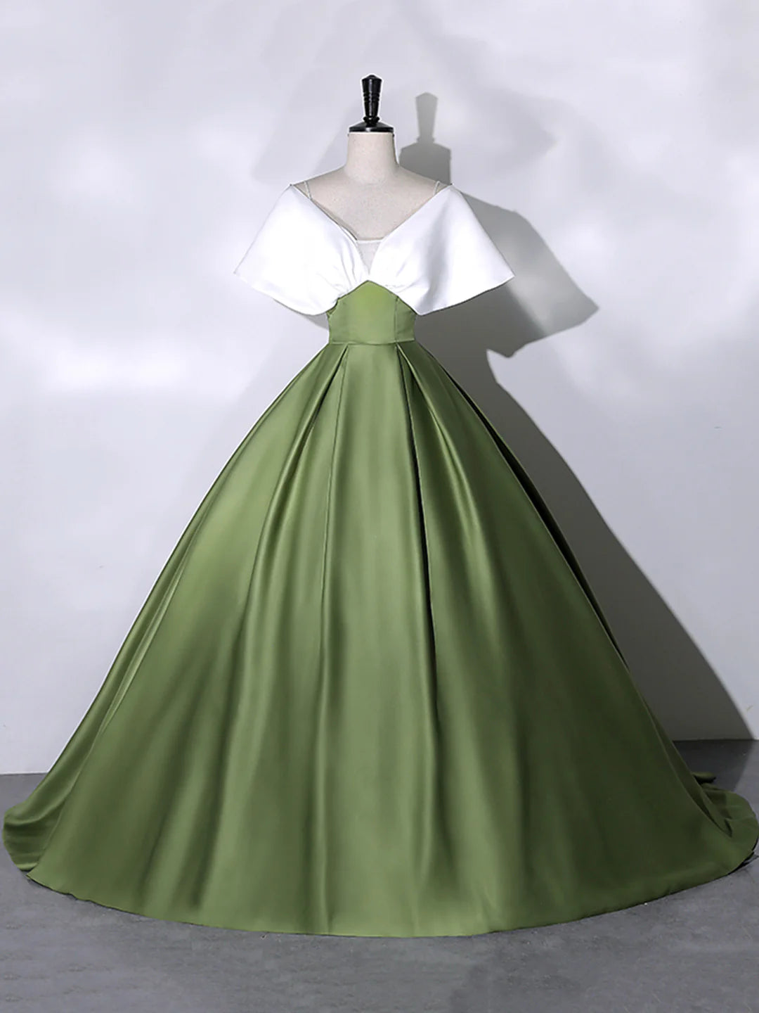 Satin V-Neck White+Green Floor Length Prom Dress Off the Shoulder Evening Dress