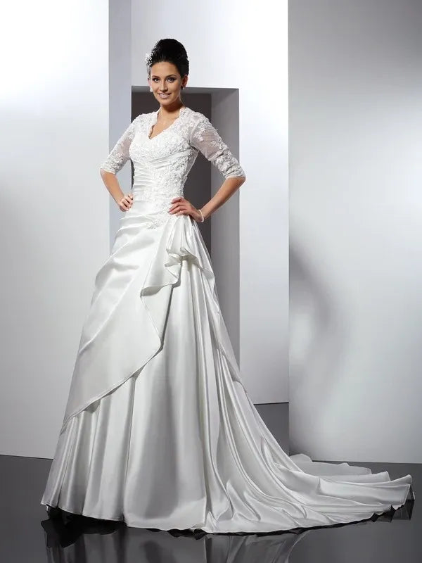 Satin V-neck Short Sleeves Chapel Train With Applique Wedding Dresses