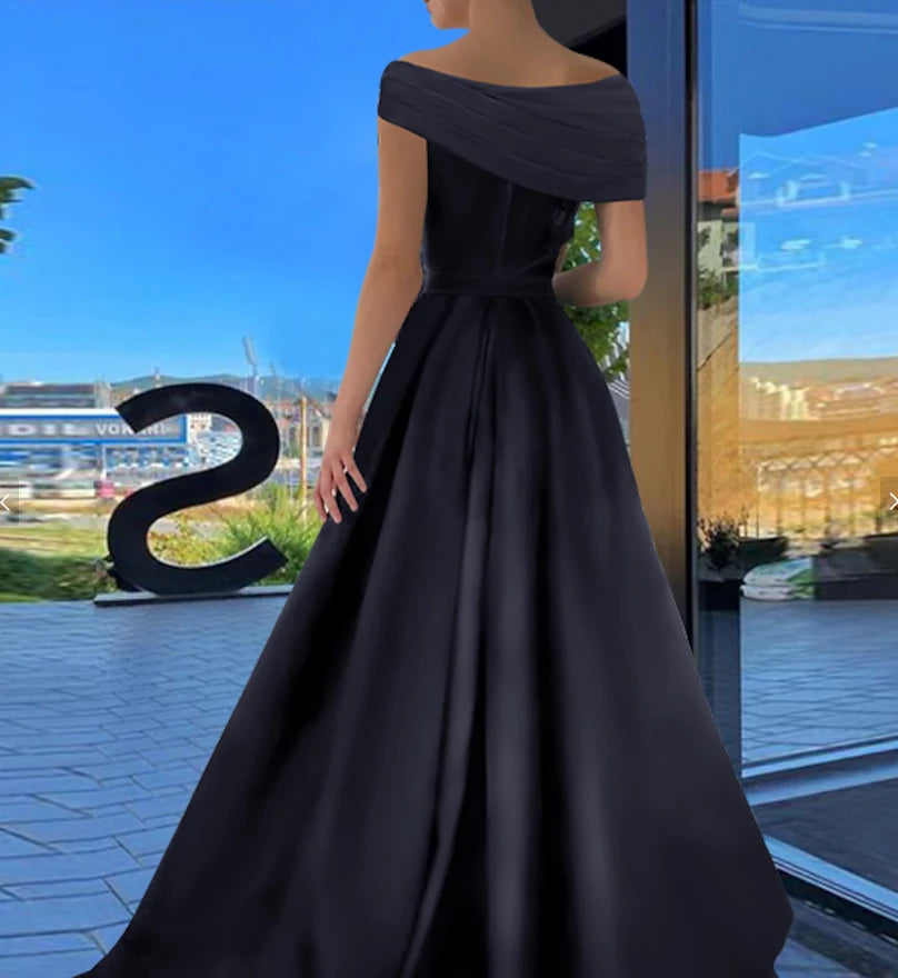 Satin Princess Off-the-Shoulder Split Side Floor-length Prom Dresse Evening Dresses Party Dress