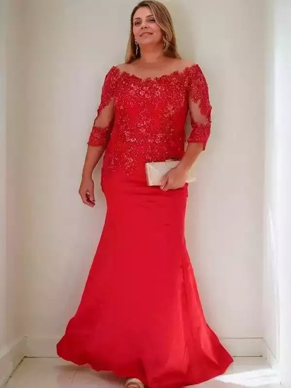 Scoop 3/4 Sleeves  Sheath Satin Applique Sweep Train Mother of the Bride Dresses