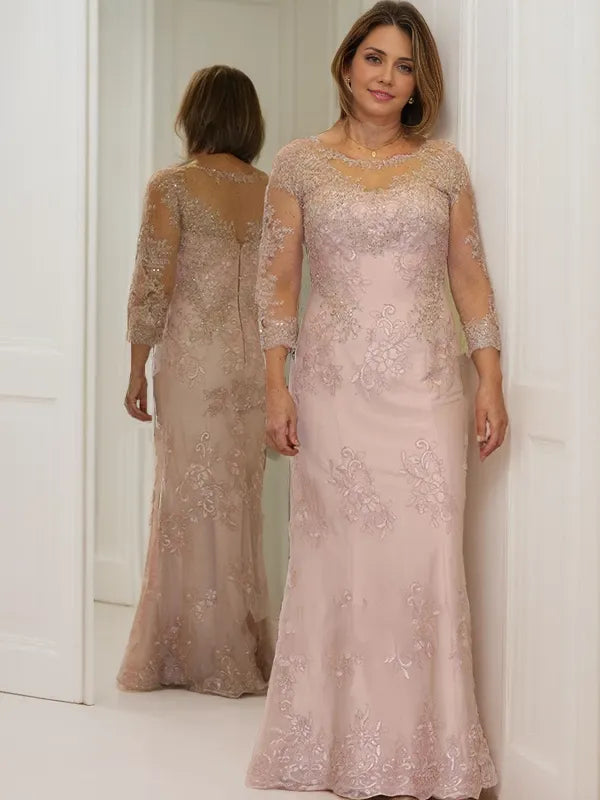 Scoop Long Sleeves Floor-Length Sheath Lace Applique Plus Size Mother of the Bride Dresses