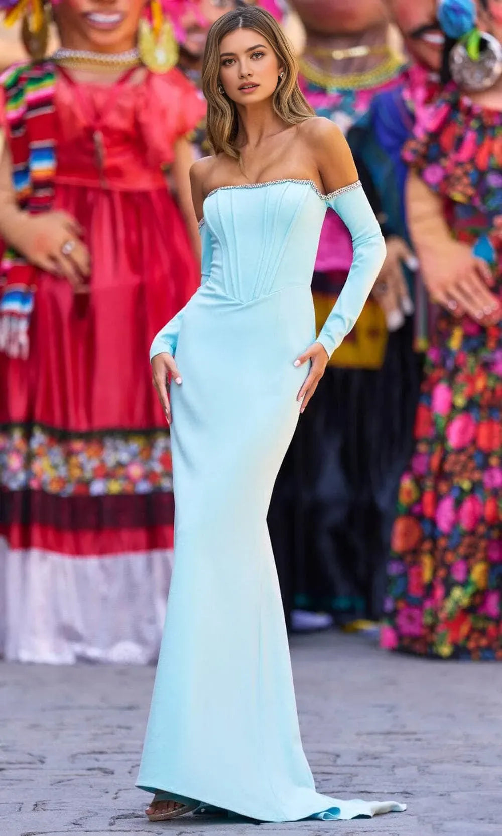 Scoop Long Sleeves Sheath Vintage Off the shoulder Floor length Prom Dress Hot Sale For Ladies