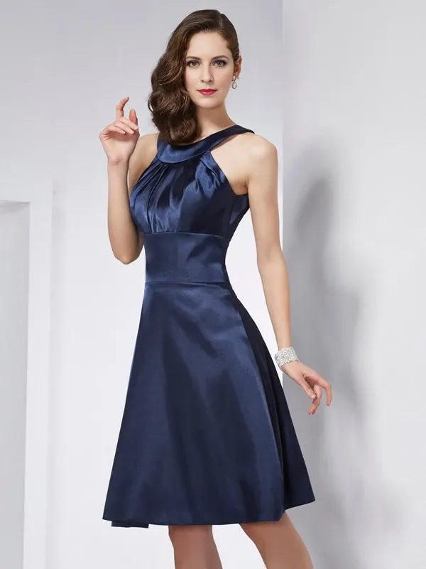 Scoop Sleeveless Elastic Woven Satin Knee-Length With Pleats Evening Dress Party Dresses