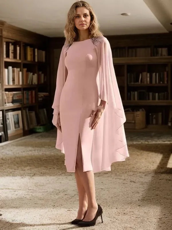 Scoop Sleeveless Knee-Length  Sheath Chiffon Beading Mother of the Bride Dress