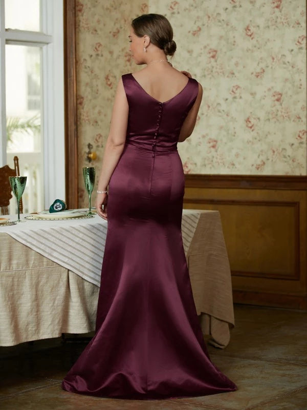 Scoop Sleeveless Sheath Satin Beading Sweep Train Mother of the Bride Dresses
