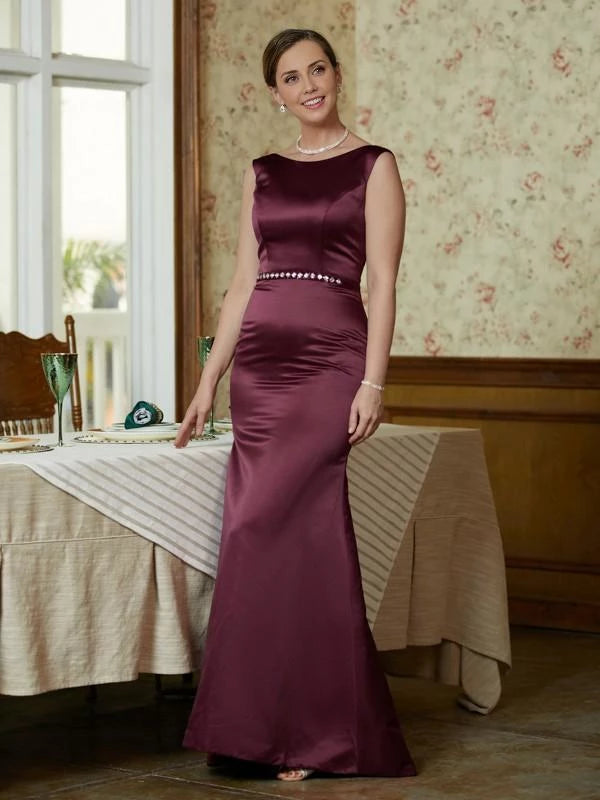 Scoop Sleeveless Sheath Satin Beading Sweep Train Mother of the Bride Dresses