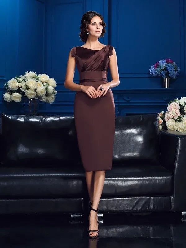 Scoop Sleeveless Sheath Satin Knee-Length With Ruched Mother of the Bride Dresses