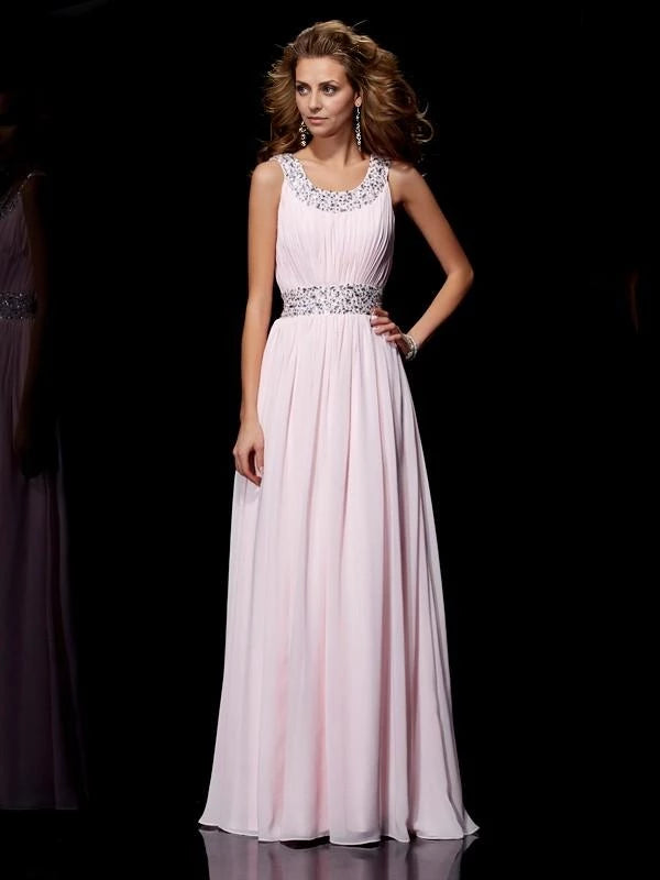 Scoop Sleeveless Chiffon Floor-Length With Beading Dresses