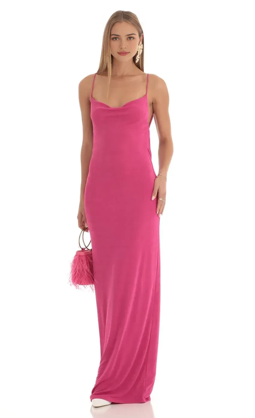 Seductive Sheath Cowl Neck Spaghetti Strap Draped Back Floor Length Evening Dress