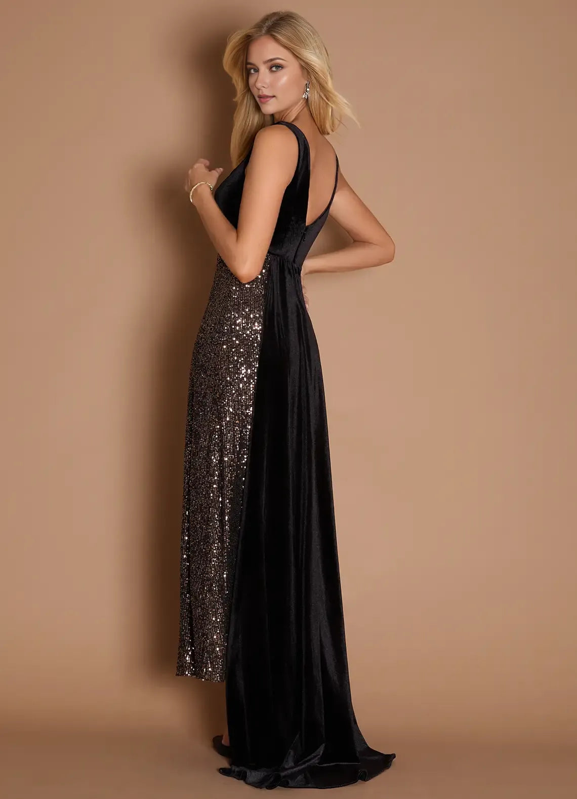 Sequin Accent V Neck Velvet Sheath Asymmetrical Train Floor Length For Ladies Prom Dress