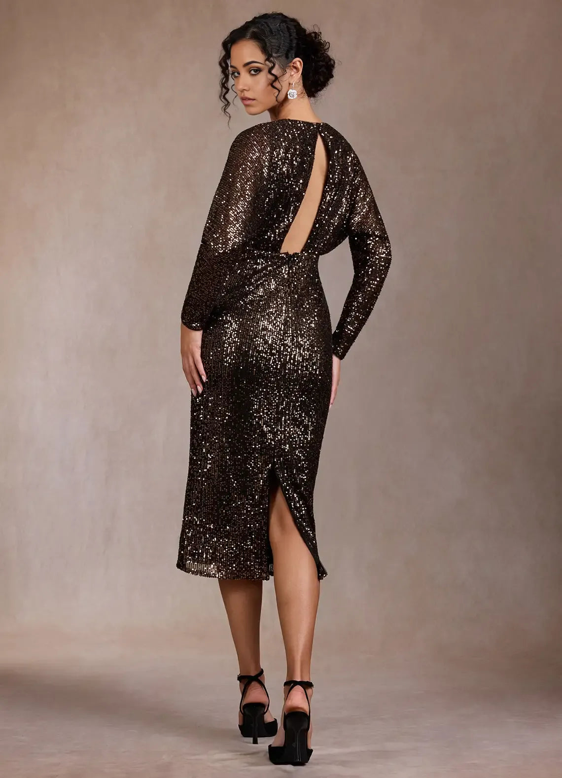 Sequin Blouson Sheath Deep V Neck Long Sleeve Keyhole Back Midi Length Female Prom Dress