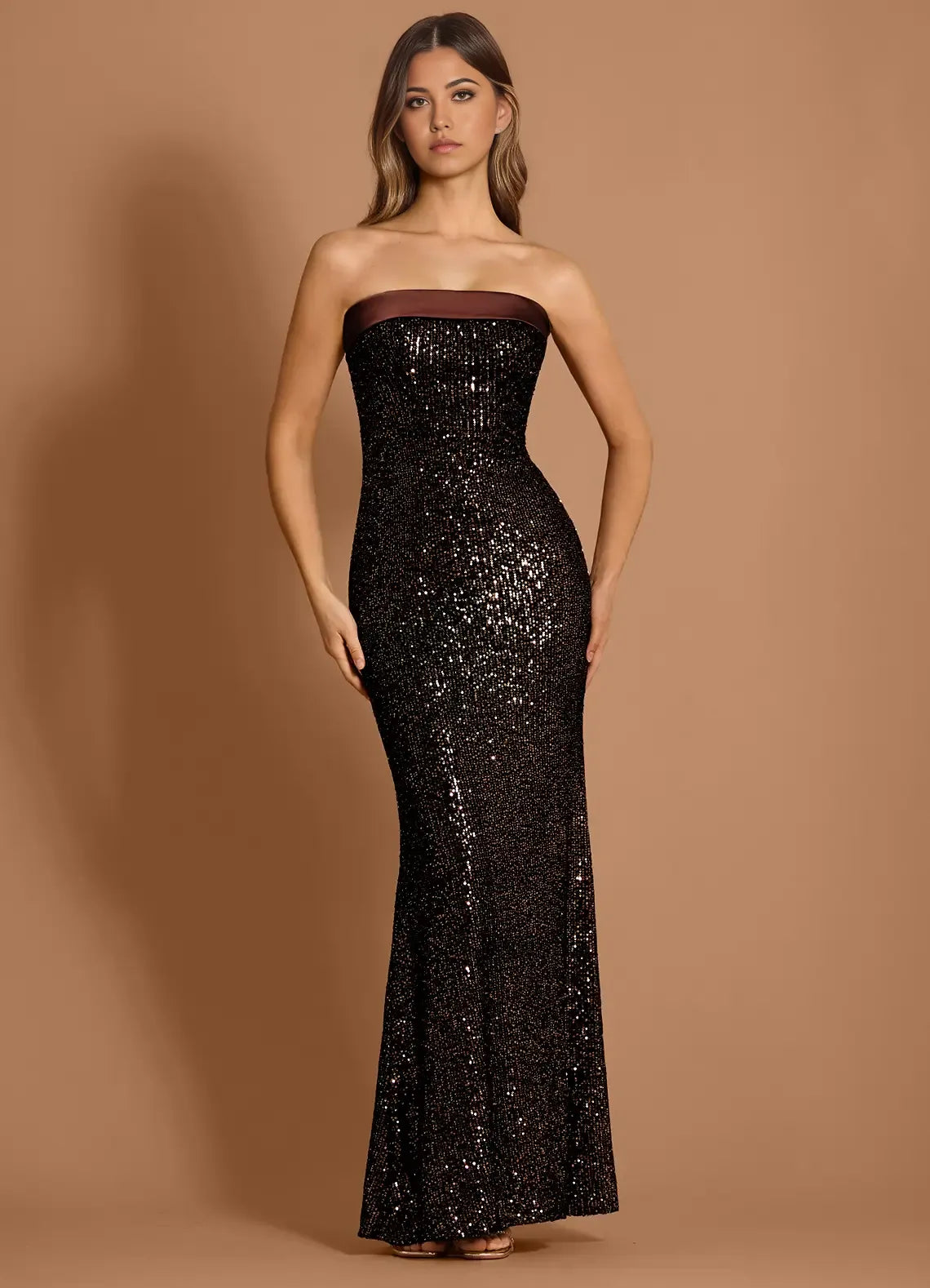 Sequin Mermaid Strapless Contrast Band Zipper Back Floor Length For Ladies Prom Dress