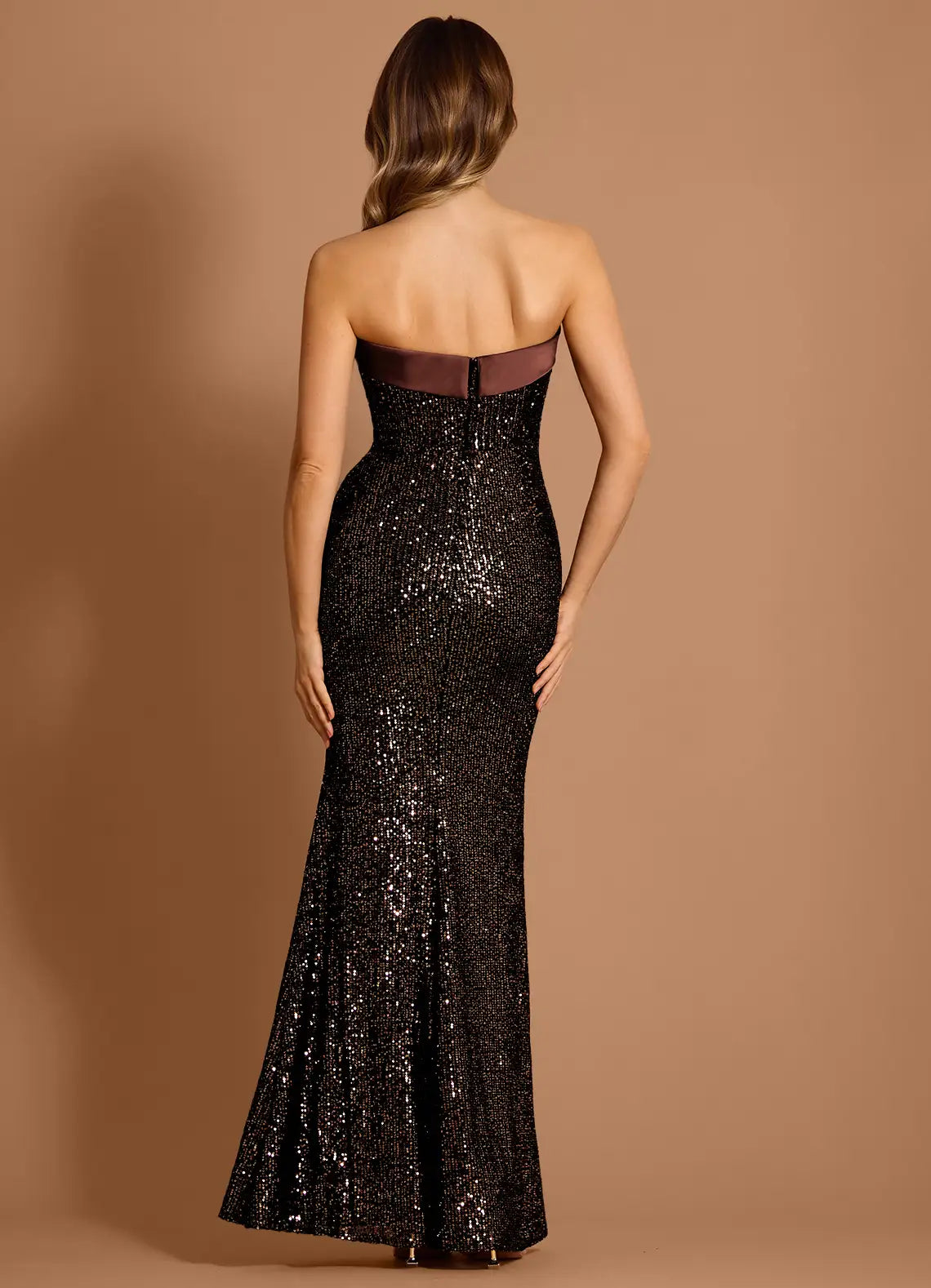 Sequin Mermaid Strapless Contrast Band Zipper Back Floor Length For Ladies Prom Dress