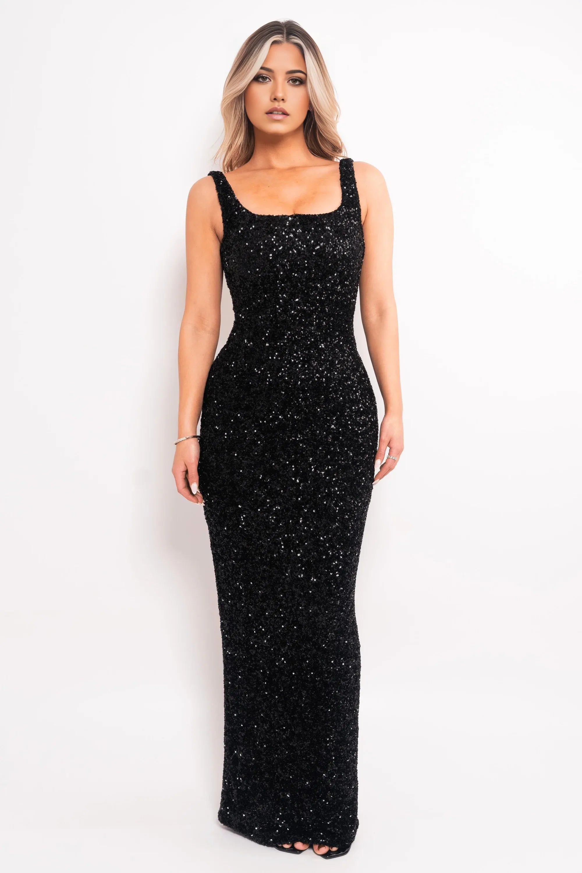 Sequin Textured Mermaid Square Neck Sleeveless Open Back Floor Length Female Prom Dress