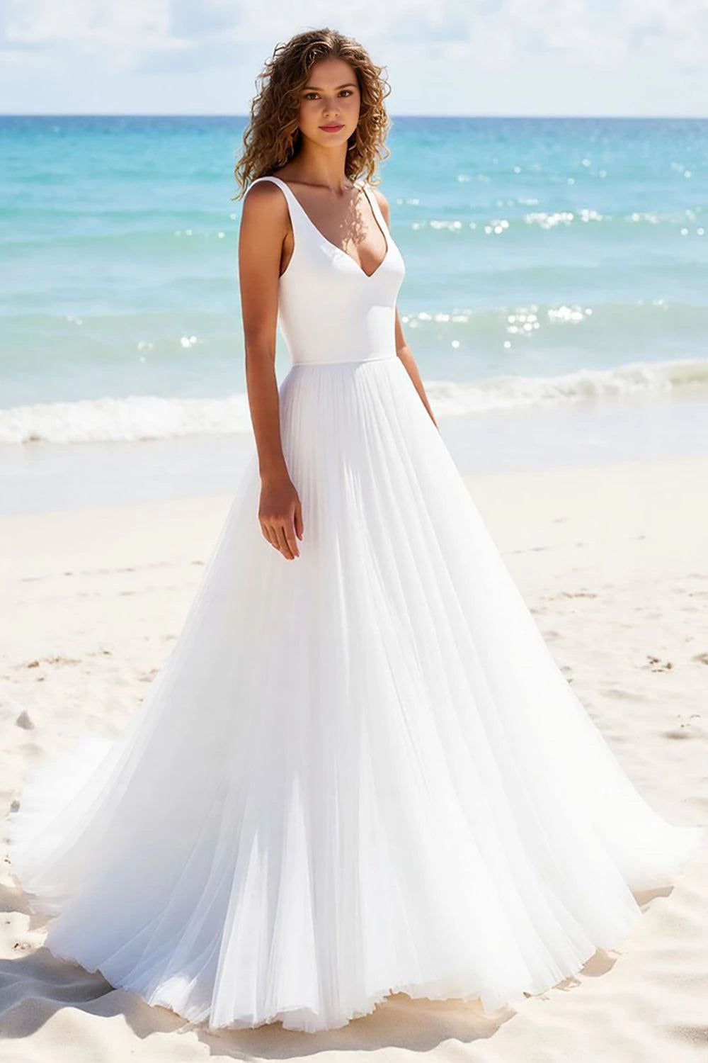 Serene A Line Deep V Neck Sleeveless Open Back Floor Length Wedding Dress