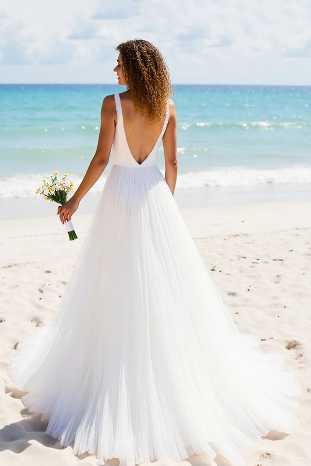 Serene A Line Deep V Neck Sleeveless Open Back Floor Length Wedding Dress