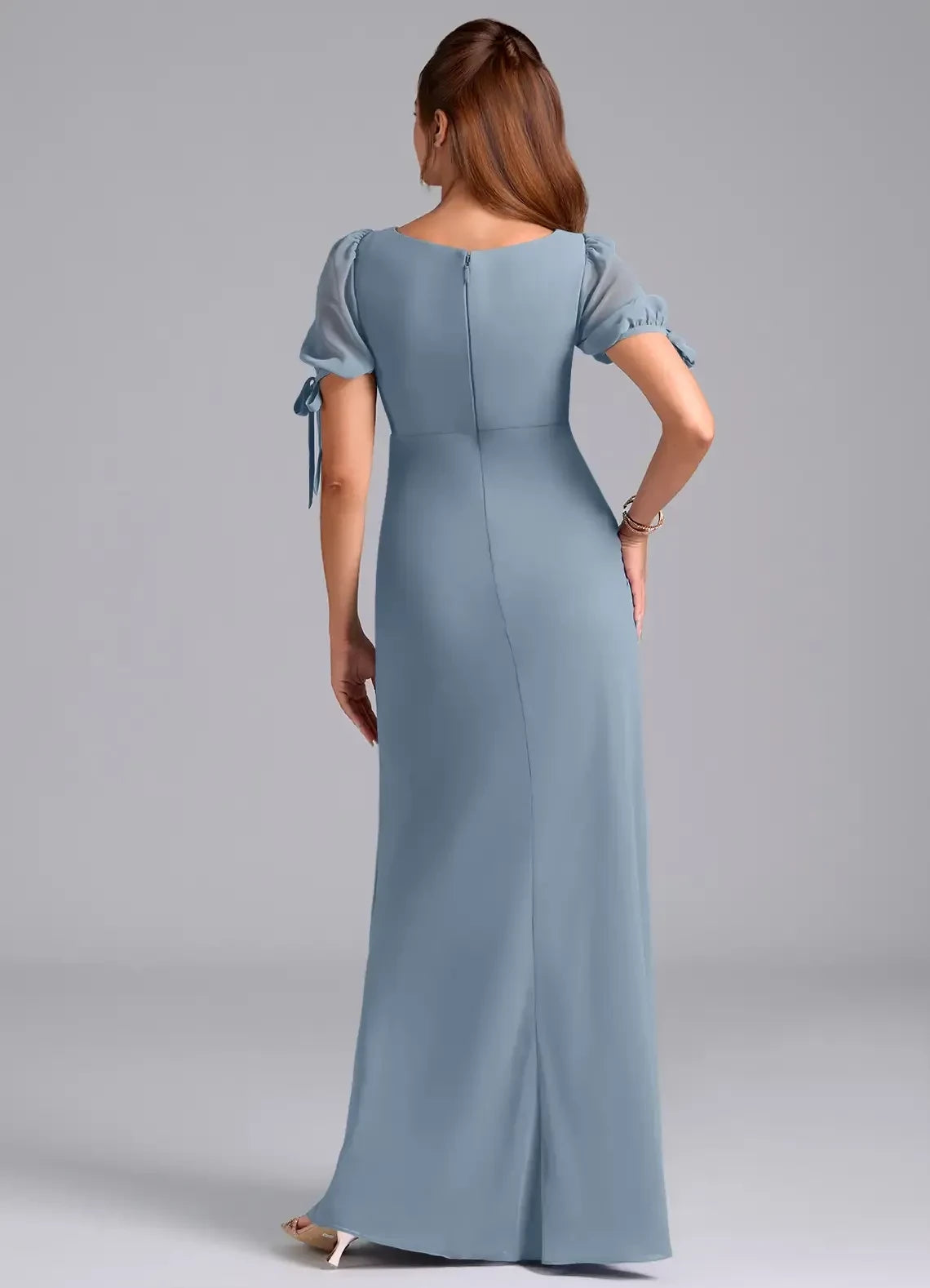 Serene A Line V Neck Puff Short Sleeve Zip Back Floor Length Bridesmaid Dress