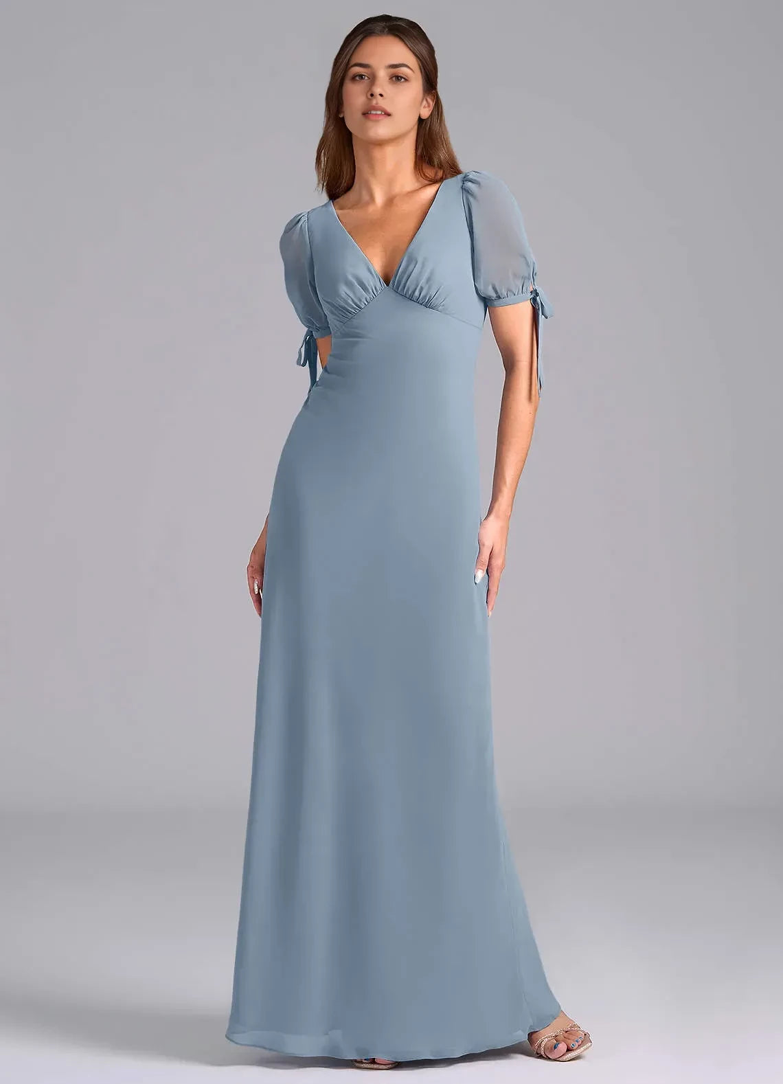 Serene A Line V Neck Puff Short Sleeve Zip Back Floor Length Bridesmaid Dress