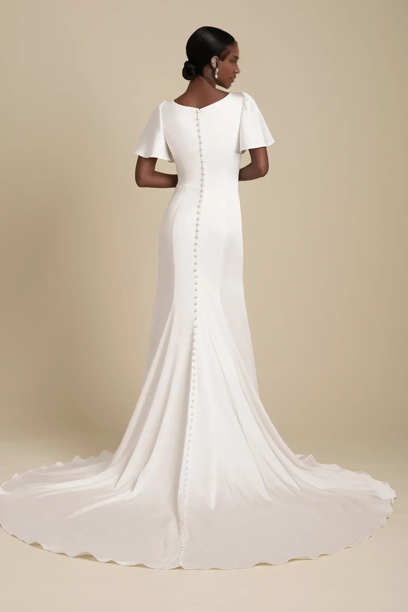 Serene Trumpet Sweetheart Neckline Flutter Sleeve Button Back Floor Length Wedding Dress