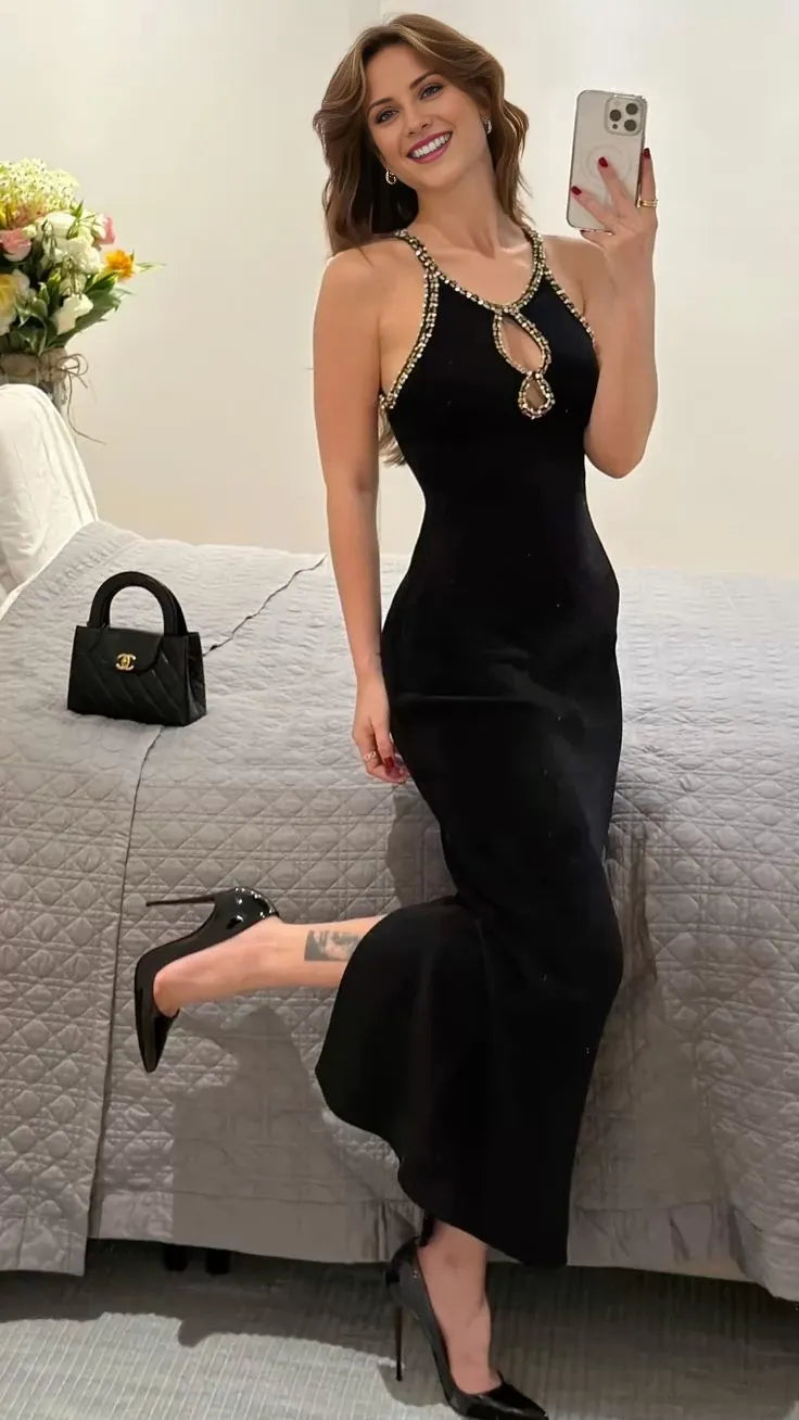 Sexy Black Sheath Straps Beaded Satin Sleeveless Off-the-shoulder Long Prom Dress Cocktail Dress Homecoming Dress Evening Dress