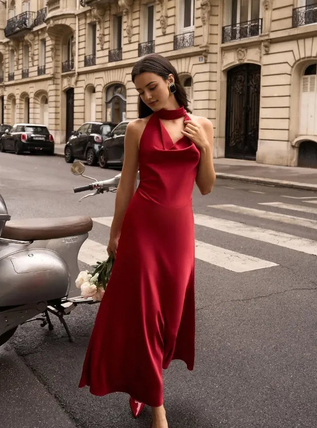 Sexy Burgundy A Line Halter Pearl Satin Open Back Floor length Off-the-shoulder Sleeveless Prom Dress Cocktail Dress Homecoming Dress Evening Dress Party Dress