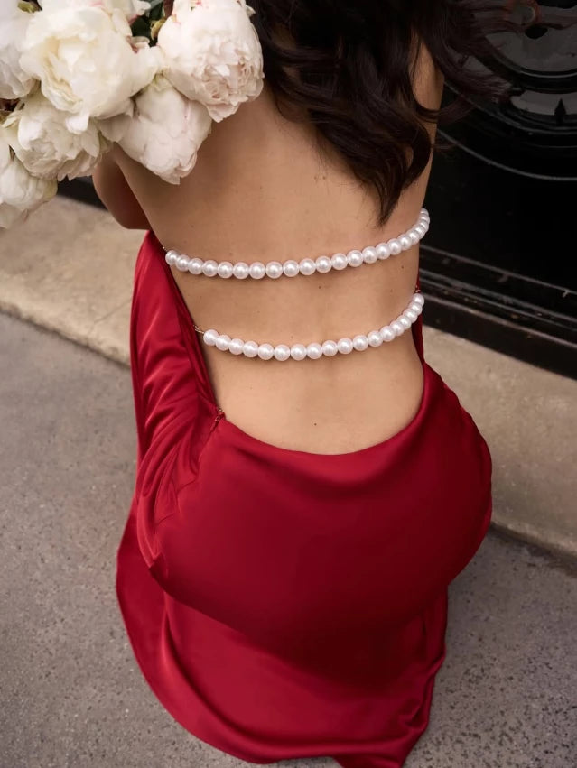 Sexy Burgundy A Line Halter Pearl Satin Open Back Floor length Off-the-shoulder Sleeveless Prom Dress Cocktail Dress Homecoming Dress Evening Dress Party Dress