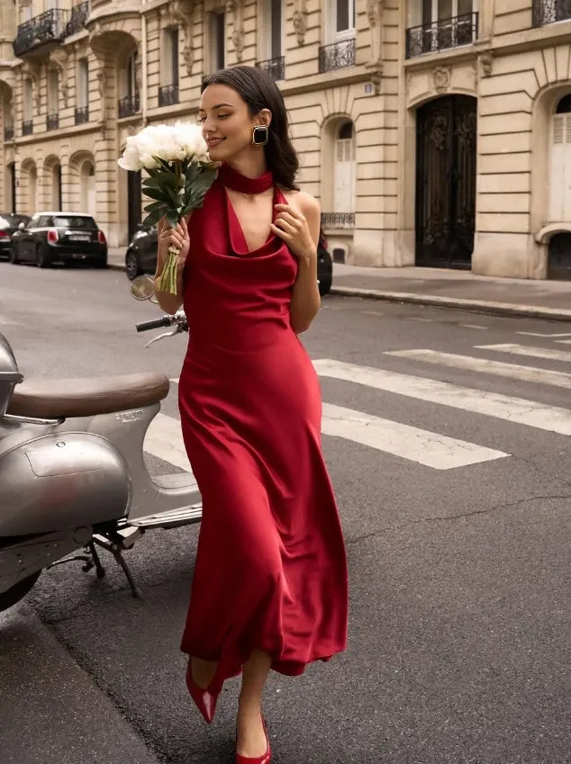 Sexy Burgundy A Line Halter Pearl Satin Open Back Floor length Off-the-shoulder Sleeveless Prom Dress Cocktail Dress Homecoming Dress Evening Dress Party Dress