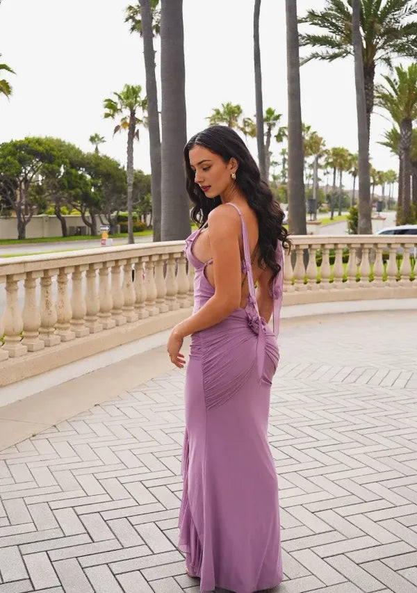 Sexy Grape Purple Sheath Straps Chiffon Open Back Floor length Off-the-shoulder Sleeveless Prom Dress Cocktail Dress Homecoming Dress Evening Dress Party Dress