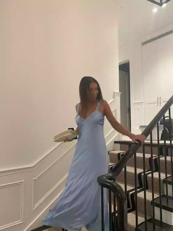 Sexy Sleeveless Light Blue Long Prom Dresses Evening Gown